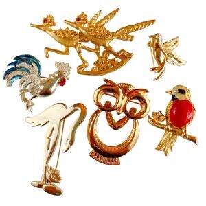 VTG Signed Gerrys Bird Brooch Lot of 6 Gold Tone Rhinestone 60s to 80s Figural